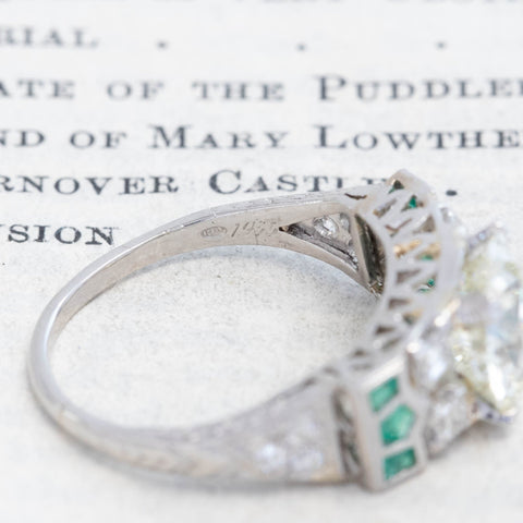 2.15ct Art Deco Old European Cut Diamond & Emerald Ring, GIA