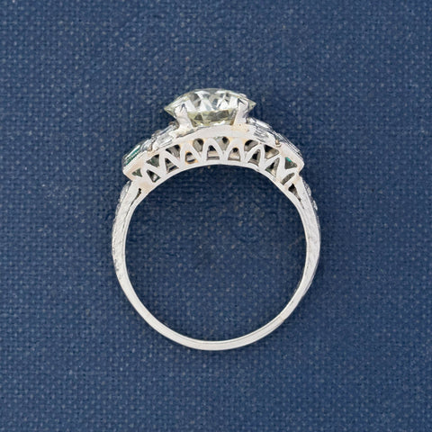 2.15ct Art Deco Old European Cut Diamond & Emerald Ring, GIA