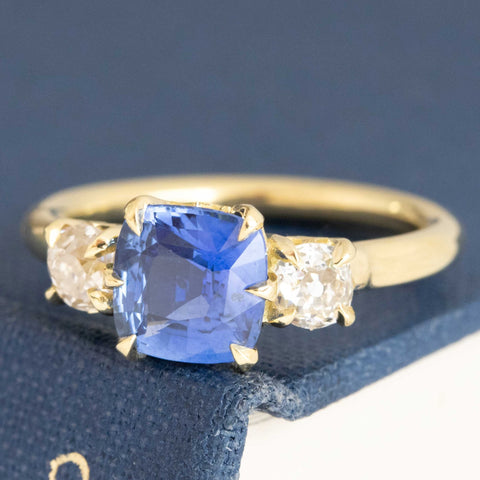 2.21ctw Sapphire & Old Mine Cut Diamond Trilogy Ring