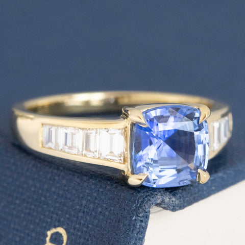 2.26ctw Cushion Sapphire & Tapered Baguette Diamond Ring