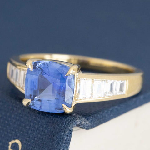 2.26ctw Cushion Sapphire & Tapered Baguette Diamond Ring