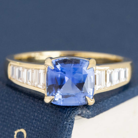 2.26ctw Cushion Sapphire & Tapered Baguette Diamond Ring