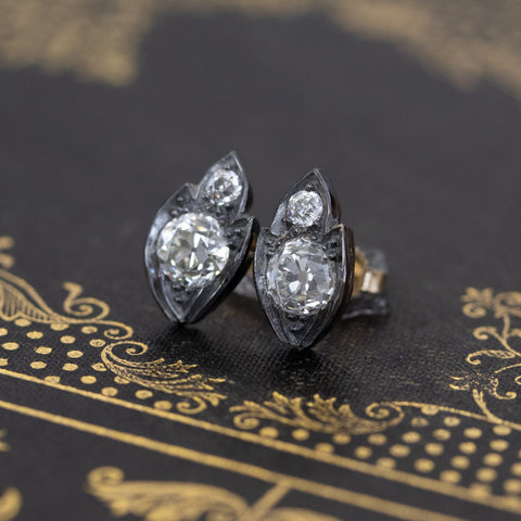 2.31ctw Victorian Diamond Leaf Motif Stud Earrings