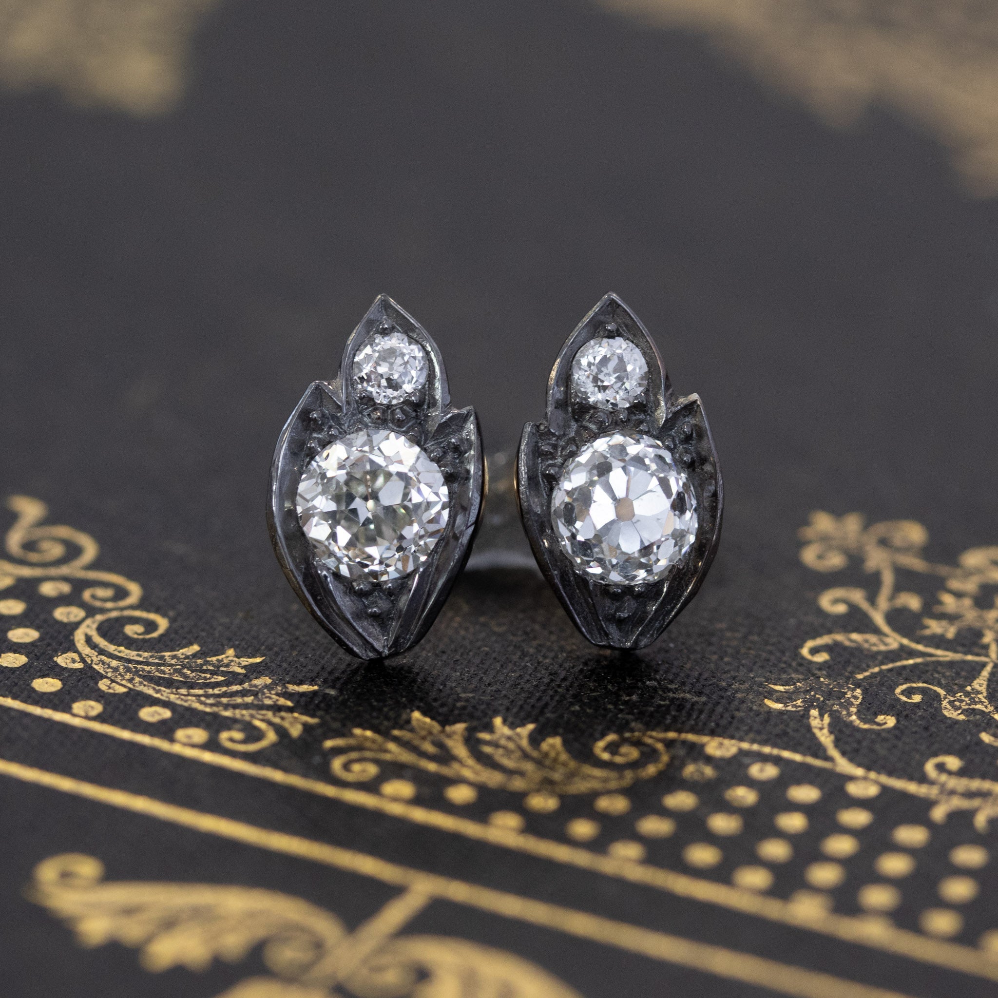 2.31ctw Victorian Diamond Leaf Motif Stud Earrings