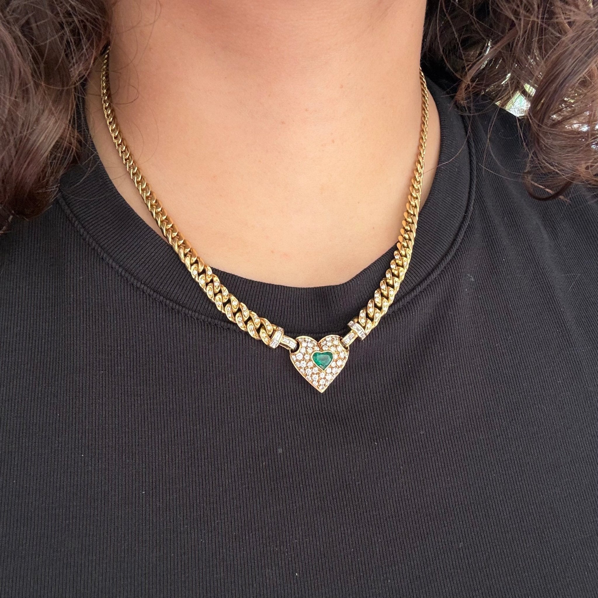 2.38ctw Vintage Diamond & Emerald Cluster Heart Necklace