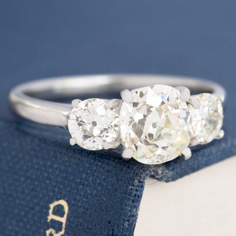 2.39ctw Vintage Old Mine Cut Diamond Trilogy Ring