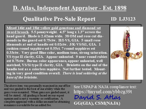 2.40ctw Antique Diamond, Ruby & Sapphire Sword Pin