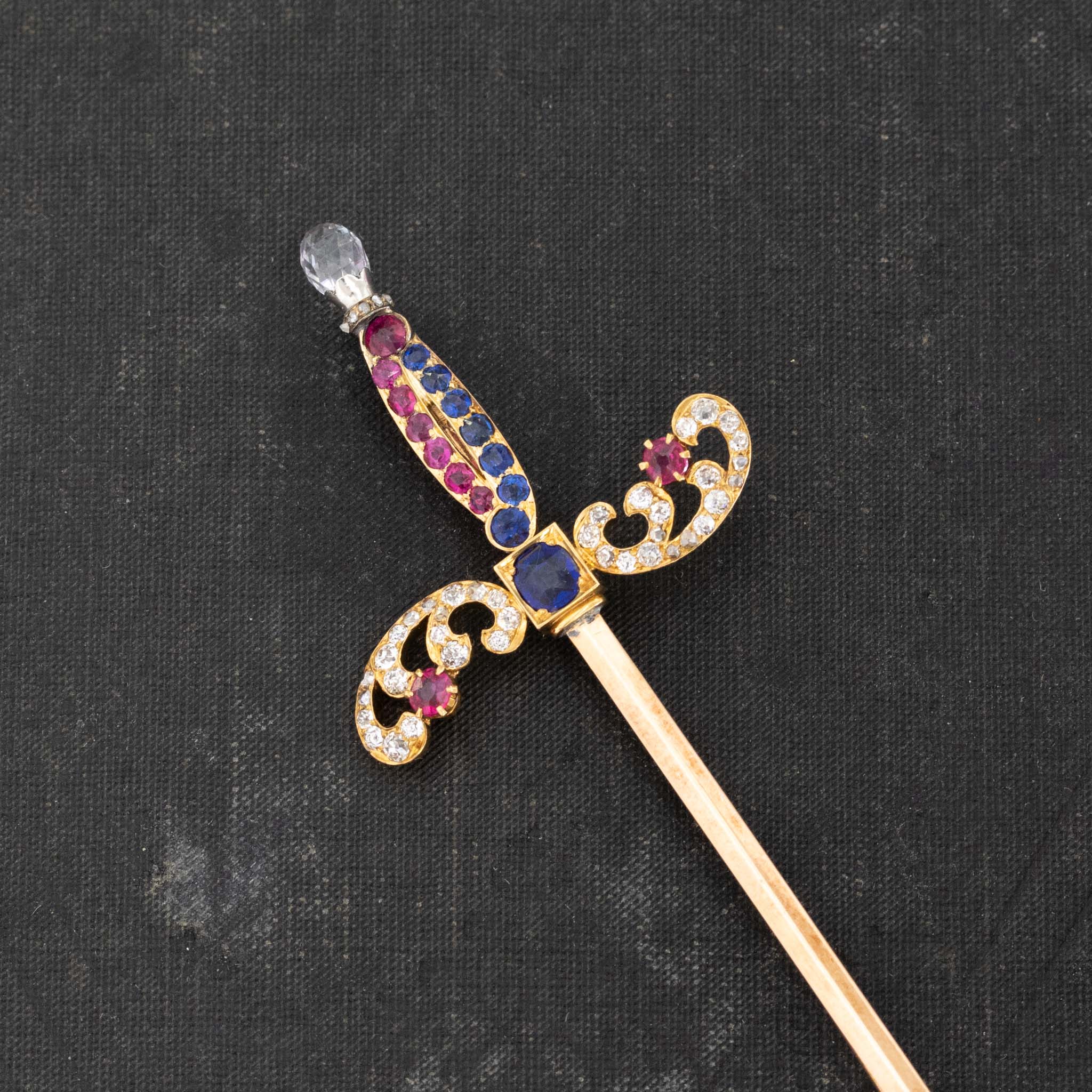 2.40ctw Antique Diamond, Ruby & Sapphire Sword Pin