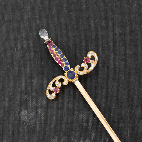 2.40ctw Antique Diamond, Ruby & Sapphire Sword Pin