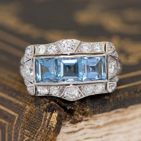 2.42ctw Vintage Diamond & Aquamarine Princess Ring