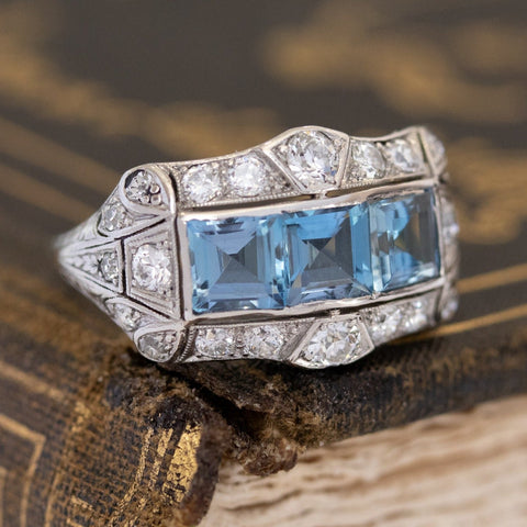 2.42ctw Vintage Diamond & Aquamarine Princess Ring