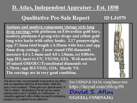 2.50ctw Antique Old European Cut Diamond Bar Drop Earrings