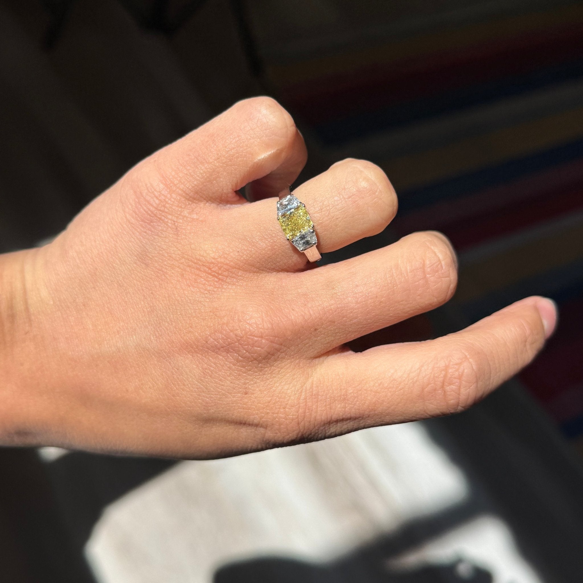 2.36ctw Fancy Intense Yellow Radiant Cut Diamond Trilogy Ring, GIA