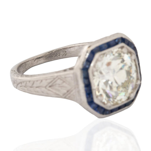2.51ct Old European Cut Diamond Sapphire Target Ring, GIA