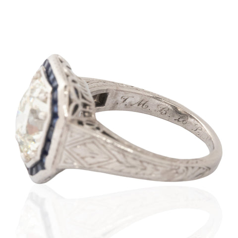 2.51ct Old European Cut Diamond Sapphire Target Ring, GIA