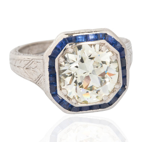 2.51ct Old European Cut Diamond Sapphire Target Ring, GIA
