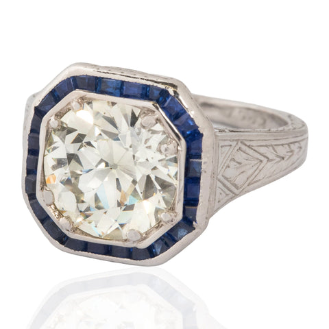 2.51ct Old European Cut Diamond Sapphire Target Ring, GIA