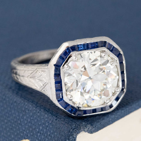 2.51ct Old European Cut Diamond Sapphire Target Ring, GIA M VS2