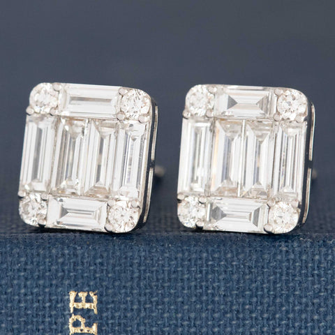 Side view of mosaic stud earrings showing profile and depth