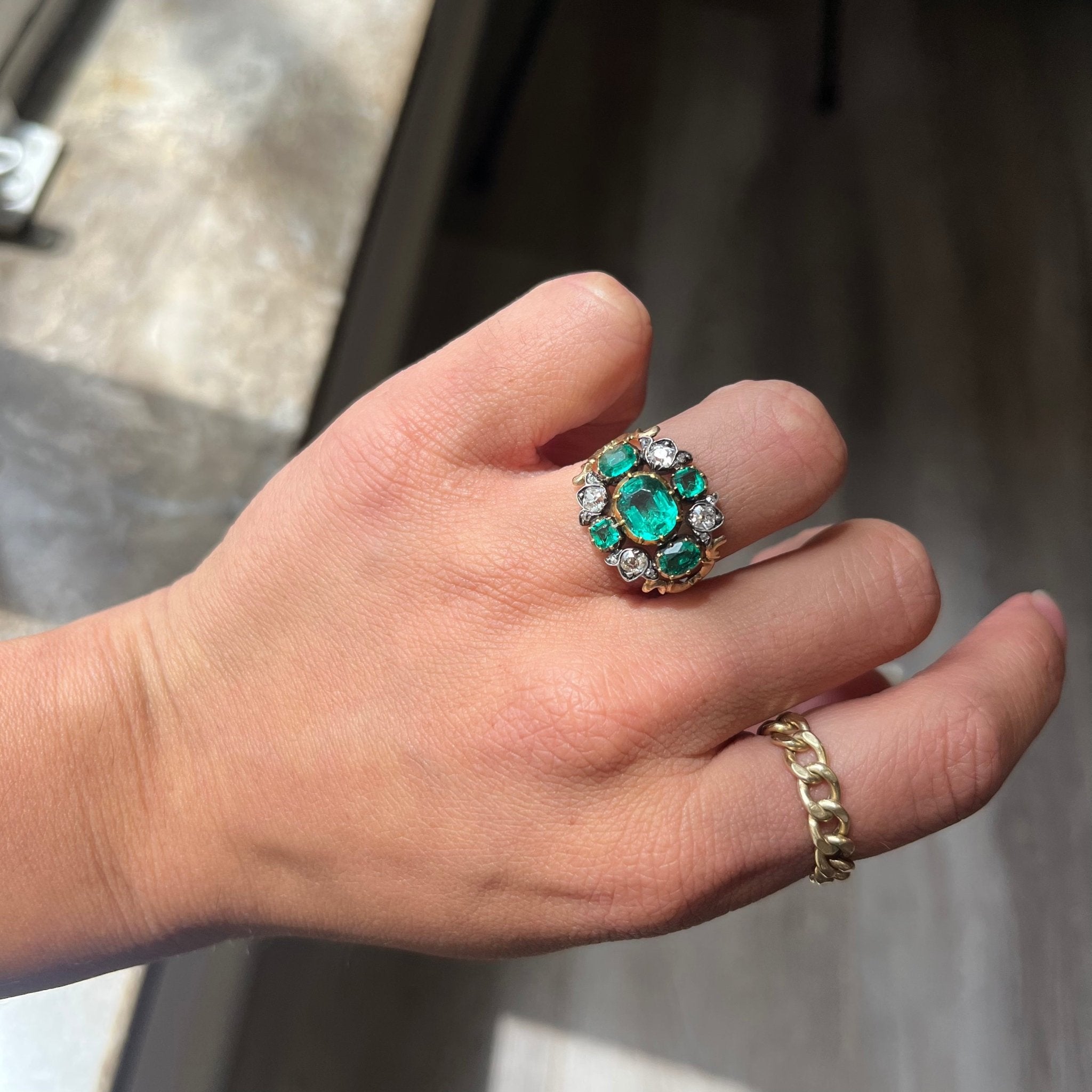 2.53ctw Georgian Diamond & Emerald Collet Cluster Ring