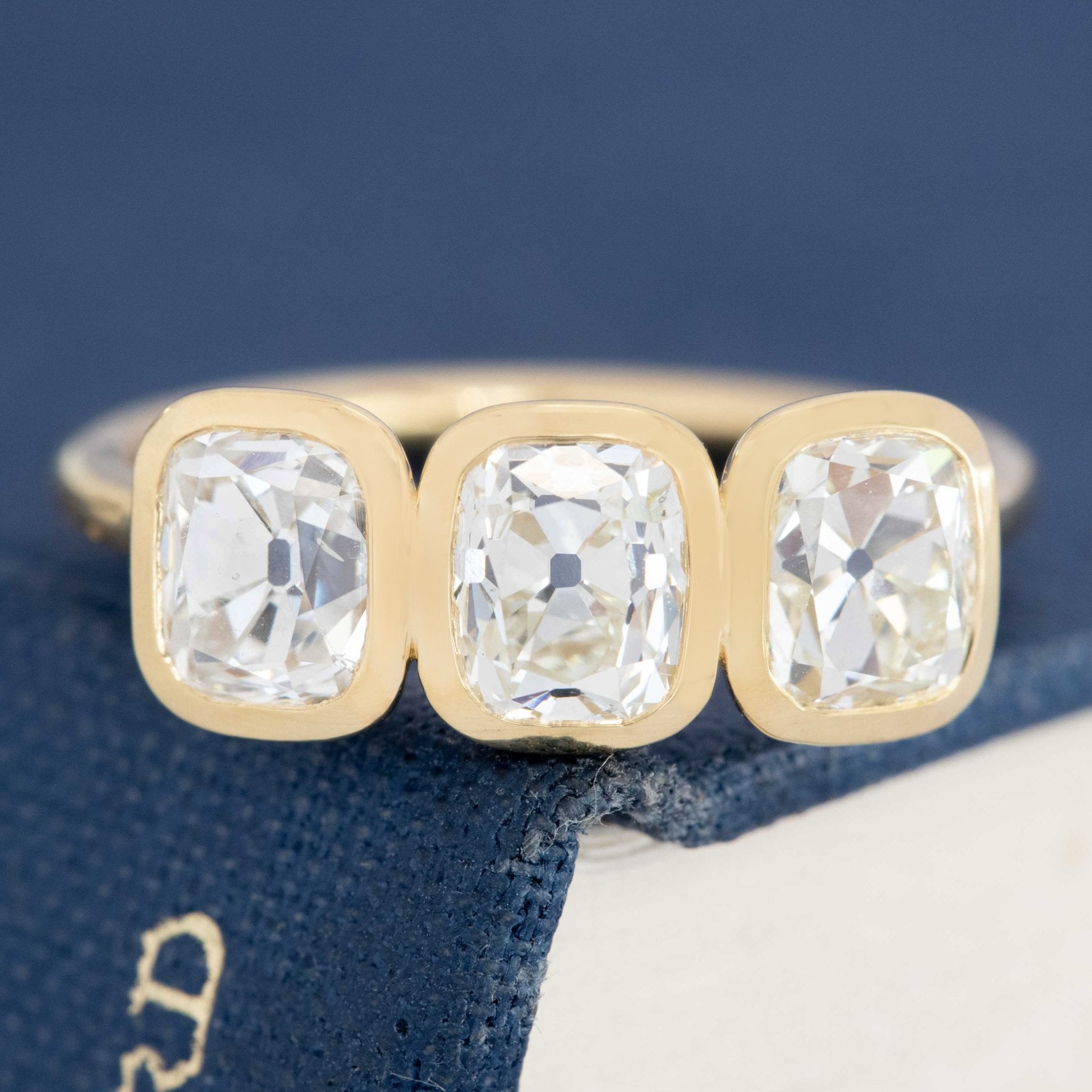 2.54ctw Old Mine Cut Diamond Bezel Trilogy Ring