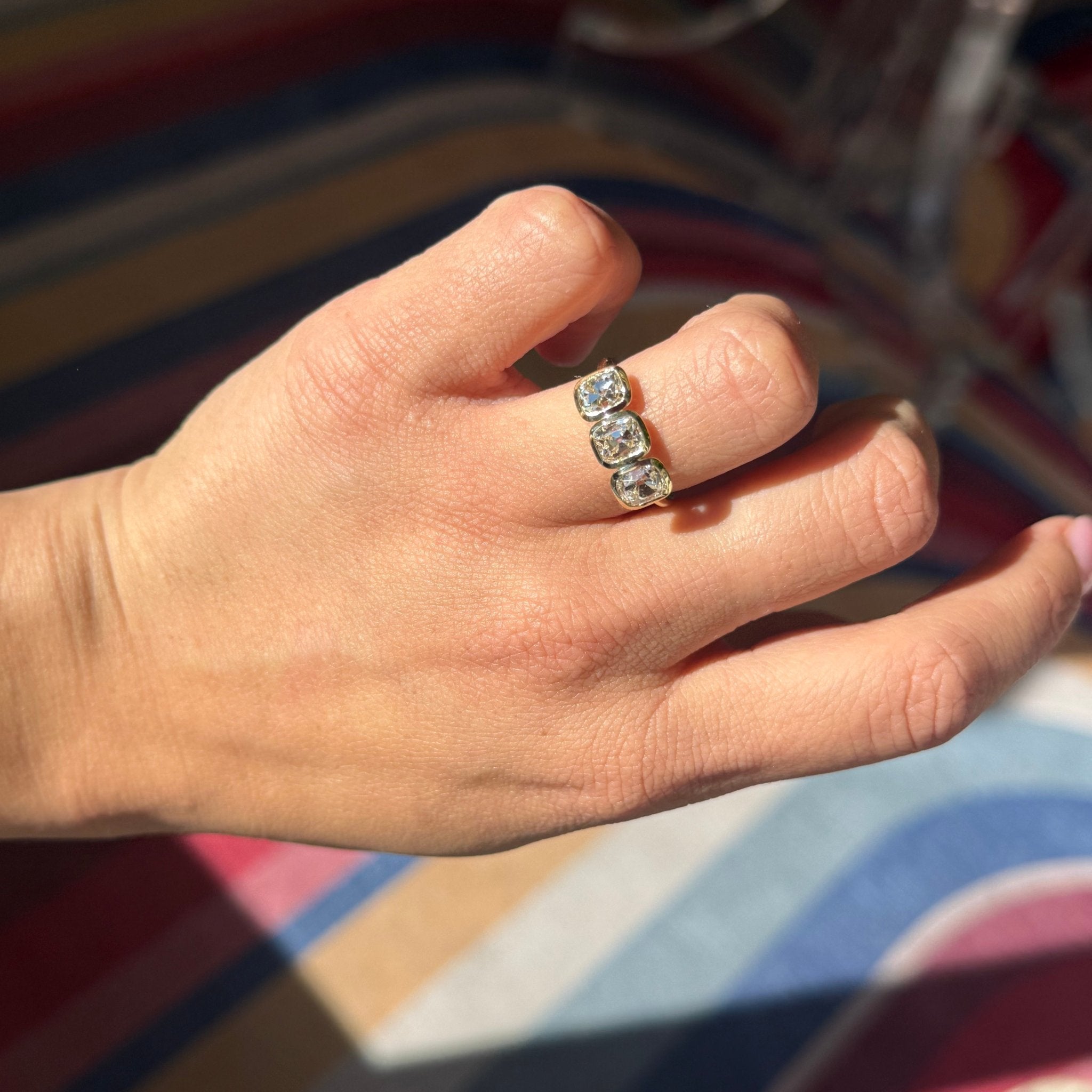 2.54ctw Old Mine Cut Diamond Bezel Trilogy Ring