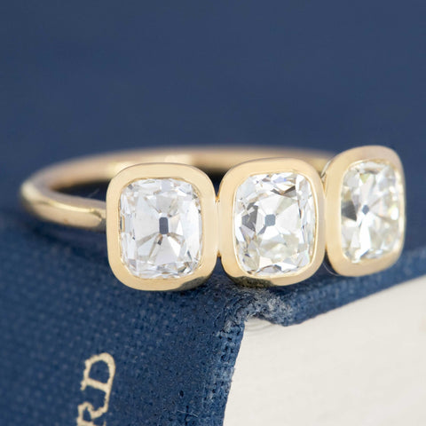 2.54ctw Old Mine Cut Diamond Bezel Trilogy Ring