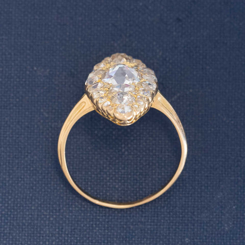 Vintage navette diamond ring with inverted old mine cut center, 18k yellow gold.