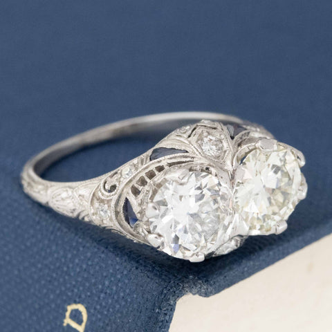 2.58ctw Antique Transitional Cut Diamond Twin Stone Ring