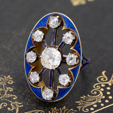 2.58ctw Victorian Old Mine Cut Diamond & Enamel Cluster Ring