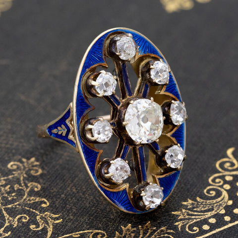 2.58ctw Victorian Old Mine Cut Diamond & Enamel Cluster Ring