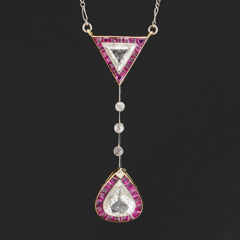 2.59ctw Antique Triangular & Pear Cut Diamond & Ruby Lavaliere, French