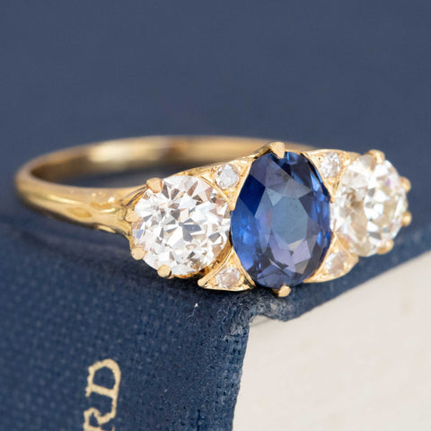 2.62ctw Old European Cut Diamond & Sapphire Trilogy Ring