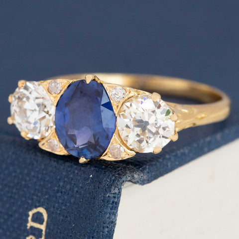 2.62ctw Old European Cut Diamond & Sapphire Trilogy Ring