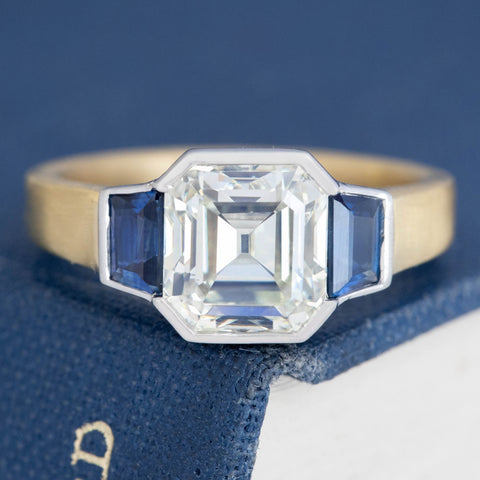 2.66ct Asscher Cut Diamond & Sapphire Trilogy Ring, GIA M SI2