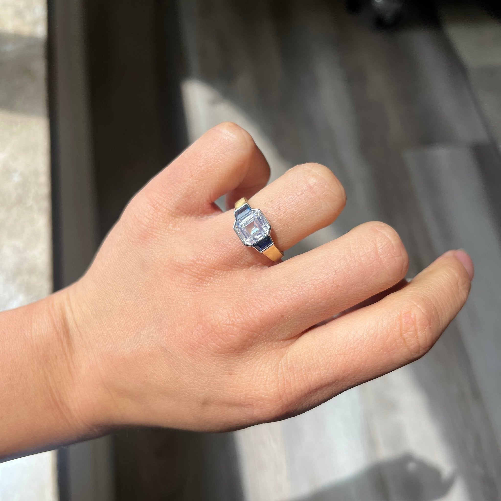 2.66ct Asscher Cut Diamond & Sapphire Trilogy Ring, GIA M SI2
