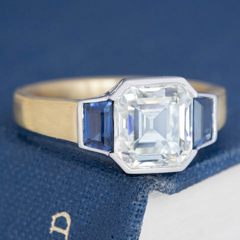 2.66ct Asscher Cut Diamond & Sapphire Trilogy Ring, GIA M SI2