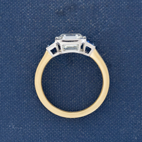2.66ct Asscher Cut Diamond & Sapphire Trilogy Ring, GIA M SI2