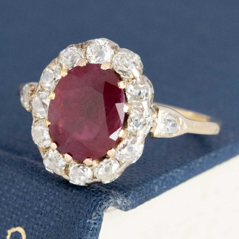 2.67ctw Antique Ruby & Old Mine Cut Diamond Cluster Ring