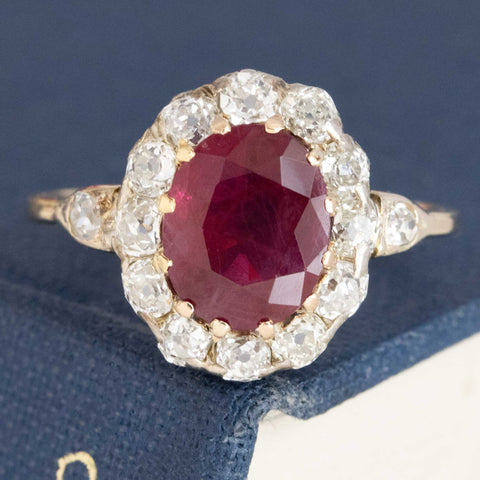 2.67ctw Antique Ruby & Old Mine Cut Diamond Cluster Ring