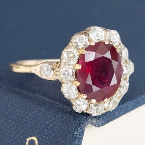 2.67ctw Antique Ruby & Old Mine Cut Diamond Cluster Ring