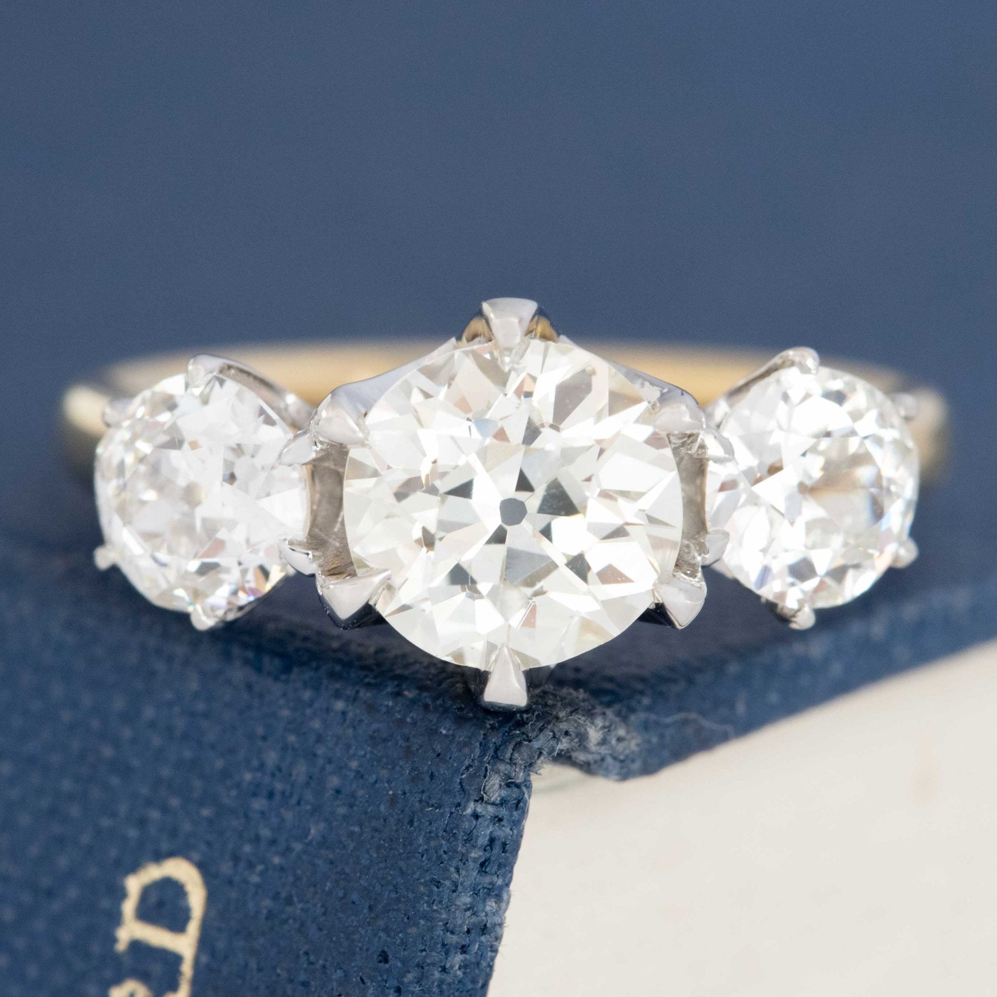 Three-stone old European cut diamond ring in platinum and gold