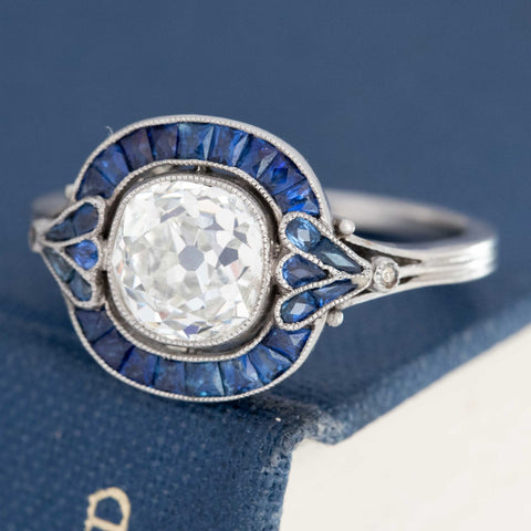 Side view sapphire halo ring old mine cut diamond 18kt yellow gold vintage tone