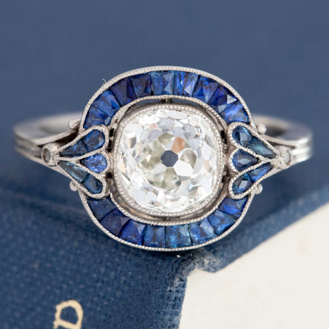 2.74 ctw old mine cut diamond sapphire halo ring 18kt yellow gold