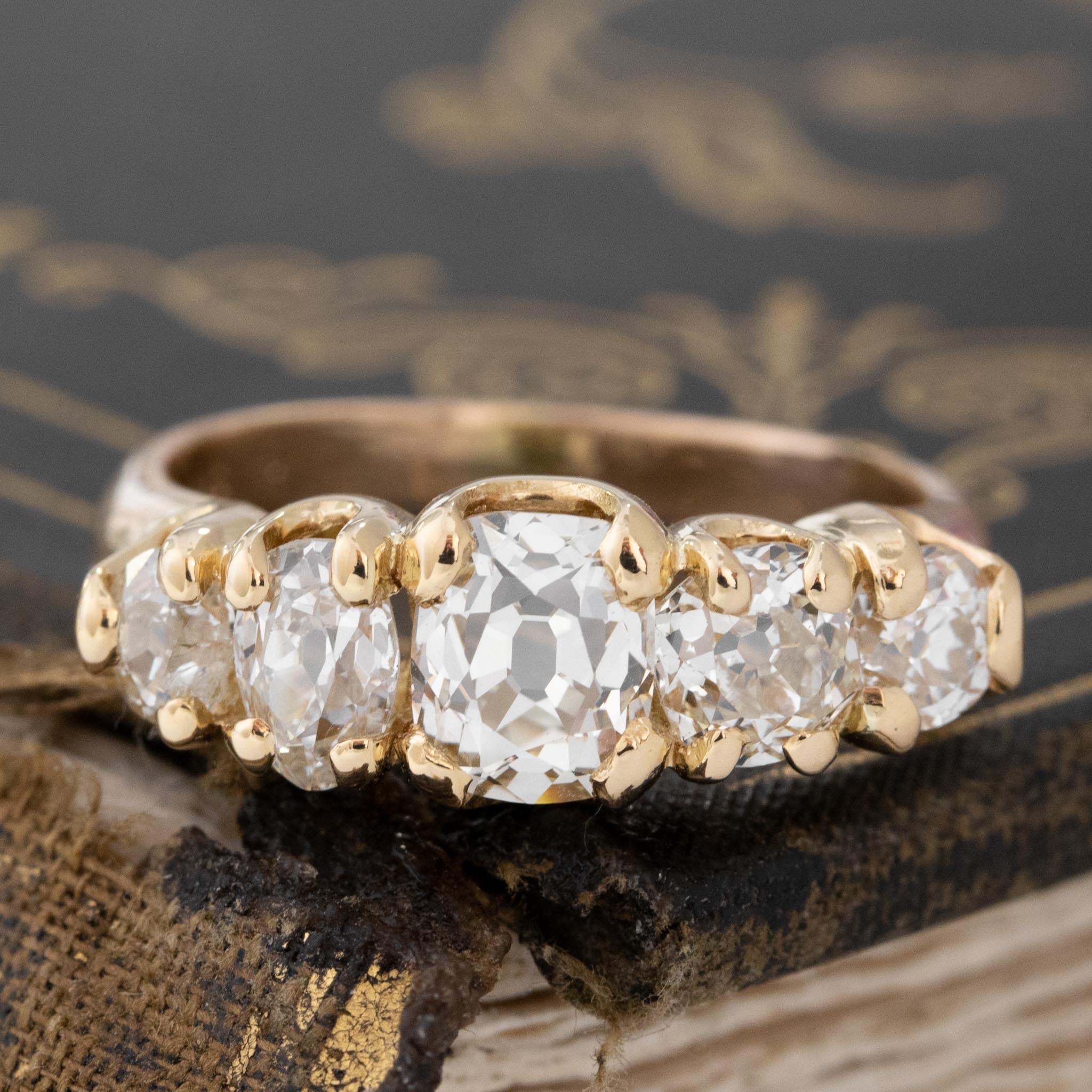 2.88ctw Antique Peruzzi Cut Graduated 5-Stone Ring, GIA N