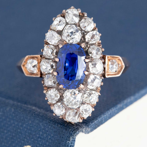 2.95ctw antique old mine cut diamond and Burmese no-heat sapphire navette ring in 18kt rose gold