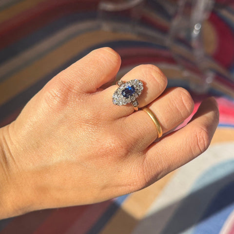 2.95ctw Antique Old Cut Diamond & Burmese No-Heat Sapphire Navette Ring