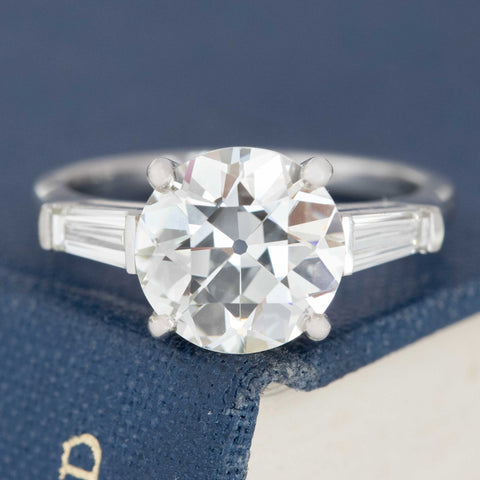 3.00ct GIA K VVS2 old European cut diamond engagement ring with tapered baguette shoulders, platinum