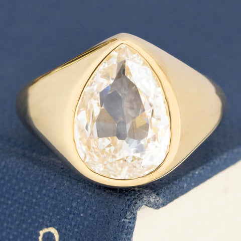 3.00ct GIA F VS2 antique pear cut diamond bezel solitaire by Elizabeth Potts, 18K yellow gold