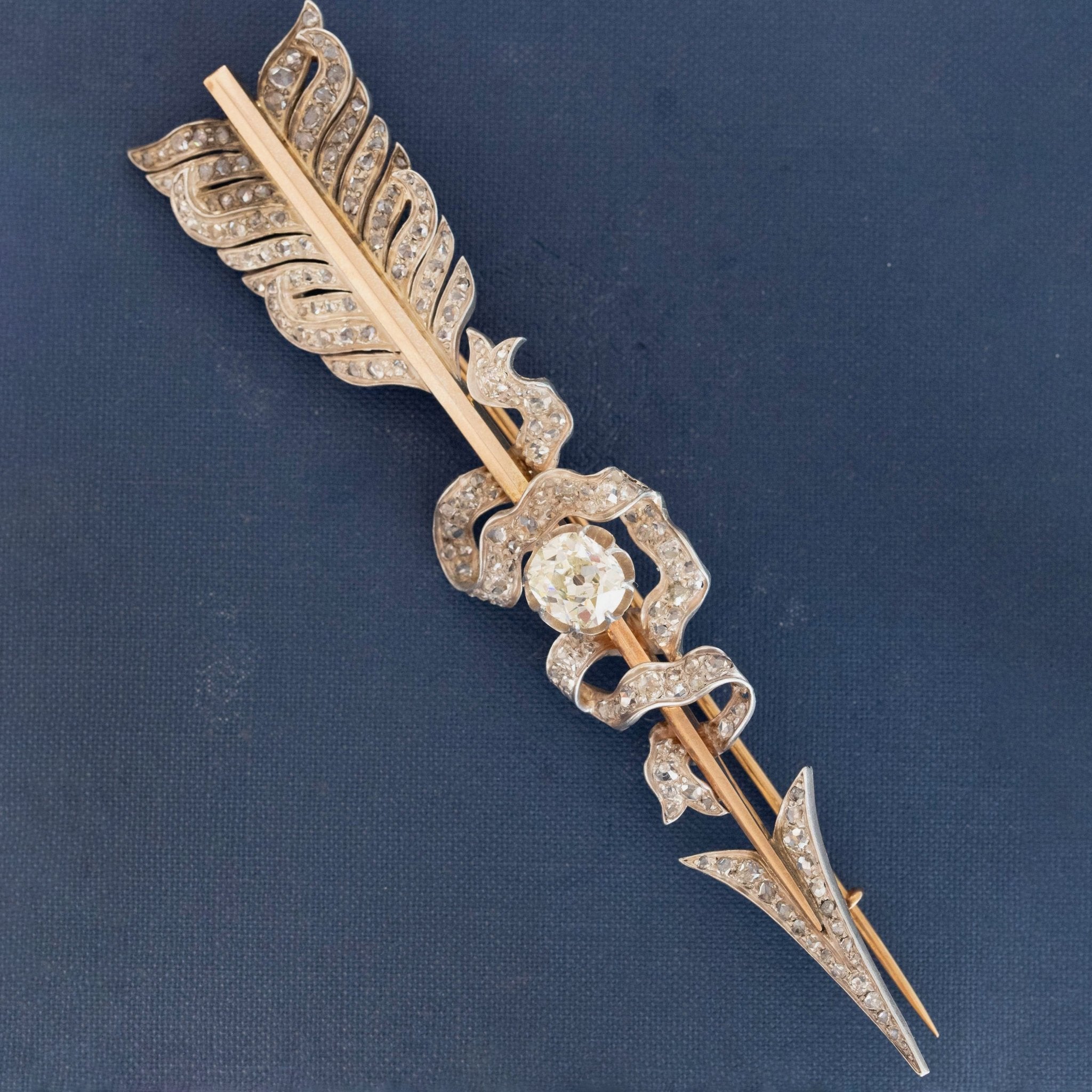 6.25ctw Edwardian Old Mine & Rose Cut Diamond Arrow Brooch, French